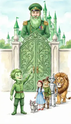The Guardian leads them to the Palace of Oz, right in the heart of the City. A soldier with a long green beard guards the door. 'Here are strangers,' the Guardian says. 'Step inside,' the soldier replies, 'and I will carry your message to Oz.' But Oz will see only one visitor a day, each one alone.