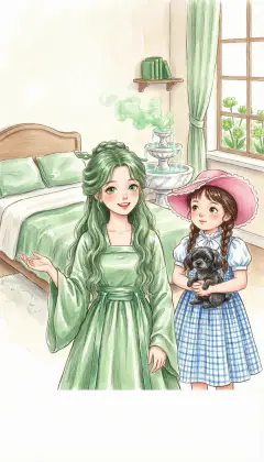 A green-haired girl leads Dorothy to the sweetest little room in the world. A silk bed, a fountain of green perfume, and a shelf of funny green picture books. 'Make yourself at home,' she says. 'Oz will send for you in the morning.'