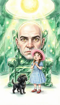 Morning comes, and the green girl returns. "Oz will see you now," she says, leading Dorothy to a great domed room. In the throne room a giant Head turns its eyes on Dorothy. 'I am Oz, the Great and Terrible. Who are you, and why do you seek me?' 'I am Dorothy, the Small and Meek. I have come for help to get home to Kansas.'