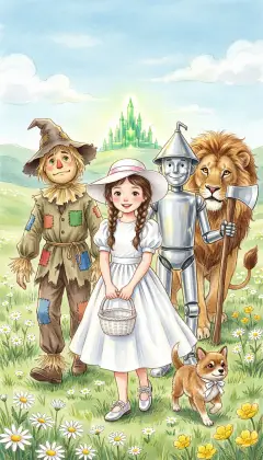They turn west, over fields of daisies and buttercups. To Dorothy's surprise, her green dress has turned pure white. Toto's ribbon is white too. The Emerald City is far behind. By dusk they are weary, and the four friends lie down to sleep in the long western grass.