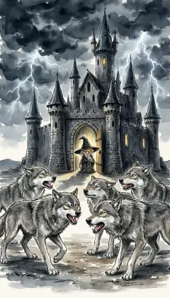 The Witch has one eye, but it sees everywhere like a telescope. She spots the travelers asleep in her country and burns with anger. She blows her silver whistle, and a pack of fierce wolves comes running.