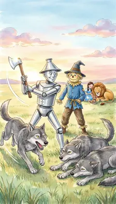 "This is my fight," says the Tin Woodman. "Get behind me." His sharp axe falls again and again on the charging wolves. Forty wolves come, and forty wolves fall in a heap. "It was a good fight, friend," says the Scarecrow.