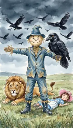 Furious that her wolves failed, the Witch blows her whistle twice and calls her crows. A great flock of wild crows darkens the sky, and the Scarecrow stands to meet them. "This is my battle," he tells his friends. "Lie down and stay safe." He stretches out his arms and frightens the birds away. One by one, he catches the forty crows until none are left.