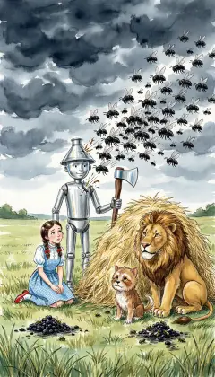 Three whistles bring a swarm of stinging black bees. The Scarecrow's straw is spread to hide Dorothy, Toto, and the Lion. The bees can only sting the Tin Woodman, breaking their stings on his tin. Every bee falls. The Woodman is unharmed.