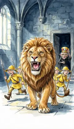 She sends a dozen Winkies with spears, but the Lion's roar sends them running. Out of tricks, the Witch takes her Golden Cap from the cupboard. It can summon the Winged Monkeys three times. She has one charm left. She chants the magic words and the dark sky begins to rumble.