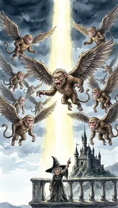 The sky fills with chattering, laughing Winged Monkeys. "You have called us for the third and last time. What do you command?" "Destroy them all except the Lion. Bring that beast to me."