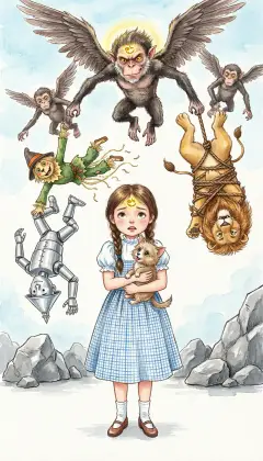 Dorothy watches, helpless, as the Monkeys seize her comrades. The Woodman is dropped on rocks; the Scarecrow's straw is pulled out. The Lion is bound in ropes and flown to the castle yard. But the leader sees the Good Witch's kiss and dares not touch her. Unable to harm her, the Monkeys carry Dorothy to the Witch's castle and set her down at the door.