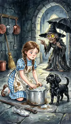 The Witch makes Dorothy a kitchen slave and starves the caged Lion outside. Each night Dorothy secretly carries food to her brave friend. Longing for the Silver Shoes, the Witch hides an iron bar on the floor. Dorothy trips, a shoe flies off, and the Witch snatches it with a laugh.