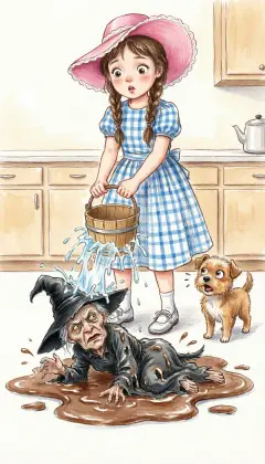 In a rage, Dorothy dashes a whole bucket of water over the Wicked Witch. "See what you have done! In a minute I shall melt away!" the Witch cries. She shrinks to a brown, shapeless puddle on the kitchen floor. The Wicked Witch is gone for good. Dorothy and her friends are free.