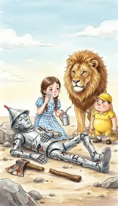 On a rocky plain the searchers find the Tin Woodman, dented and bent, his axe rusted and broken. "If only we had come sooner," sighs the Lion, looking down at his old friend. The kind yellow Winkies, who marched out gladly to help, gather close around him. Dorothy sheds a tear as the Winkies lift him gently and carry him home.