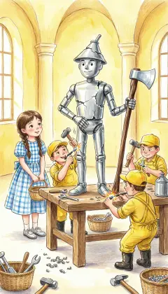 Back at the castle, Dorothy asks for tinsmiths, and the Winkies bring their very best. For three days and four nights they hammer, bend, solder and polish. At last the Tin Woodman is whole again, as good as ever, with only a few patches.