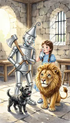 The Tin Woodman walks in and weeps tears of joy to be rescued. Dorothy wipes each tear with her apron so his joints won't rust. The Lion sobs into his tail until it's so wet he must dry it in the sun.