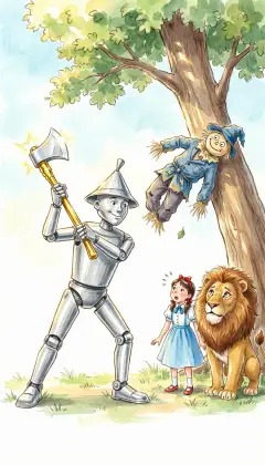 "Now to find the Scarecrow!" The Tin Woodman swings his new solid-gold axe at the tall tree where his friend hangs. A Winkie goldsmith had given the blade a polished edge that gleams in the sun. The tree crashes down and the Scarecrow's clothes tumble free. Stuffed with fresh straw, the Scarecrow is good as ever, thanking them again and again.