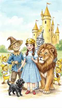 Reunited at last, the friends remember Oz's promise: brains, a heart, courage, and home to Kansas. The grateful Winkies give them golden gifts and beg the Tin Woodman to stay and rule. Dorothy finds a pretty golden cap and decides to wear it, not knowing its magic. With three cheers ringing behind them, they set off for the Emerald City.