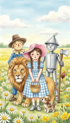 Dorothy and her friends are lost in a sea of yellow flowers. By noon the sun hangs overhead, and no one can tell east from west. Day after day, only endless yellow fields stretch ahead. Even Toto is too tired to chase a passing butterfly.