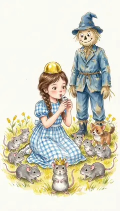 Long ago the Queen of the Mice pressed a tiny silver whistle into her hand: blow it, and the mice will come. Dorothy blows the little silver whistle from the Queen of the Mice. Tiny gray mice come pattering, their Queen at the front. "You've had the Emerald City at your backs all this time," she says. Then she spots the Golden Cap and tells of a hidden charm.