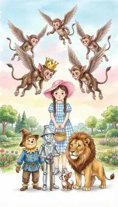 The Winged Monkeys arrive, and their King bows low. "What is your command?" "We wish to reach the Emerald City." Strong gentle hands lift everyone into the sky. They sail above pretty gardens and woods, riding the wind.