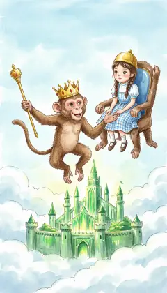 As they fly, the King tells how the Monkeys were bound to the Cap. Long ago a mischievous trick angered the sorceress Gayelette. Ever since, they must obey the Golden Cap's owner three times. Then the green walls of the Emerald City shine into view at last.