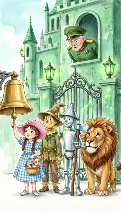 The four travelers ring the great bell of the Emerald City. "What! Are you back again?" gasps the Guardian of the Gates. "The Wicked Witch is melted," says the Scarecrow. "Dorothy did it." Amazed, the Guardian bows very low and lets them inside.