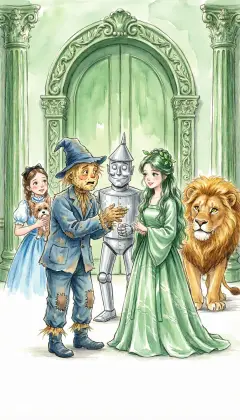 At the palace they wait and wait, but Oz sends no word at all. Vexed, the Scarecrow sends a warning through the green girl. "Let us in, or we'll call the Winged Monkeys!" Terrified of the Monkeys, Oz finally agrees to see them.