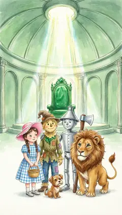 At last they enter the Throne Room and find it completely empty. The silence is more dreadful than any monster. Then a solemn Voice booms from the dome: "I am Oz, the Great and Terrible!"