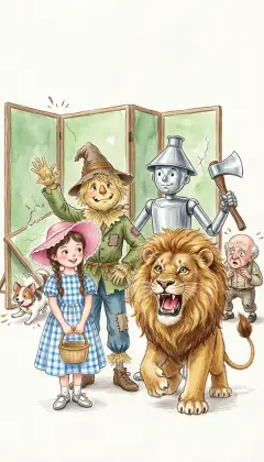 "You must keep your promises!" they cry. The Lion lets out a tremendous roar. Frightened Toto knocks over a corner screen with a crash. Behind it stands a little old man, as startled as they are.