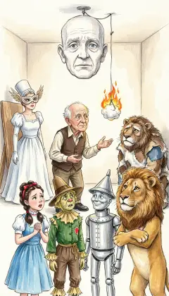 "I am no wizard," the old man admits. "I am a humbug." He shows the great Head hung on a wire and worked with threads. The Lady was a costume, the Beast was sewn skins, the fire just oiled cotton. Every terrible form was only a clever trick.