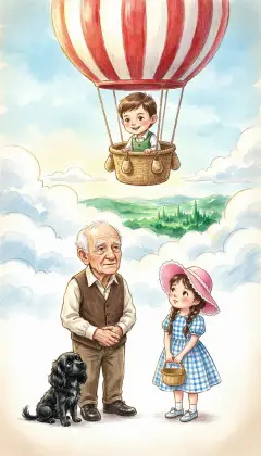 Oz explains he was a circus balloonist from Omaha. A runaway balloon carried him over the clouds to this land. The frightened people thought he was a wizard, so he built their city. "A good man," he sighs, "but a very bad wizard. Please keep my secret."