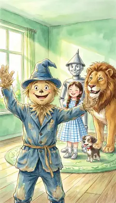 Morning in the Emerald City. The Scarecrow throws up his arms with joy. "Congratulate me! Today I finally go to Oz to get my brains." "I have always liked you as you are," Dorothy says simply. He grins. "Wait until you hear the splendid thoughts my new brain will make!"