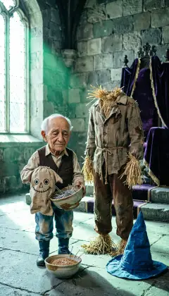 First the Scarecrow arrives for his brains. Little Oz lifts the straw head right off. "I must fill it before I put it back," says Oz, reaching for a bowl. He empties the straw and mixes a measure of bran with pins and needles.