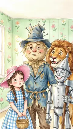 The Scarecrow comes back, his head bulging at the top with brains. "How do you feel?" Dorothy asks. "I feel wise indeed!" "Why are pins poking out of your head?" wonders the Tin Woodman. "That," says the Lion, "is proof that he is sharp."