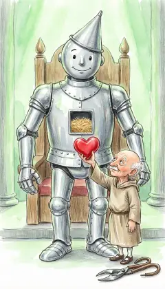 Next the Tin Woodman comes for his heart, and stands very still. Oz snips a small square hole in the tin breast with his shears. He lifts a pretty heart of silk, stuffed with sawdust. "Is it kind?" "Very!" He fits it in and solders the patch shut. The Woodman beams with gratitude.