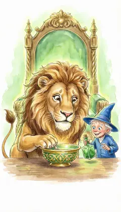 The Lion comes last. "I have come for my courage." Oz pours a green bottle into a carved dish. "Drink." "Courage is always inside you," Oz says. "Swallow it down." The Lion drinks every drop. "I feel full of courage!"